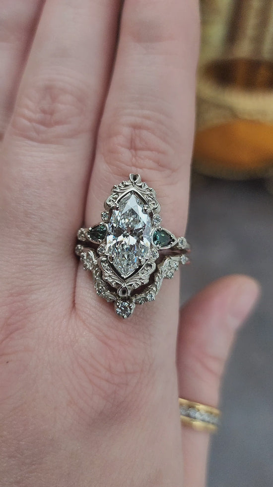 Load and play video in Gallery viewer, 3.01ct Lab Diamond Odette Marquise Engagement Ring Set with Australian Sapphire Pears and Gold Filigree 14k Palladium White Gold video
