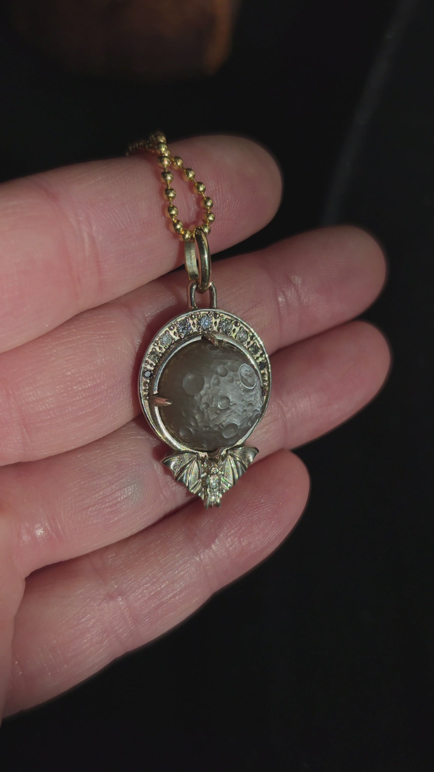 Load and play video in Gallery viewer, Ready to Ship Vampire Bat Carved Moon Moonstone and Diamond Pendant
