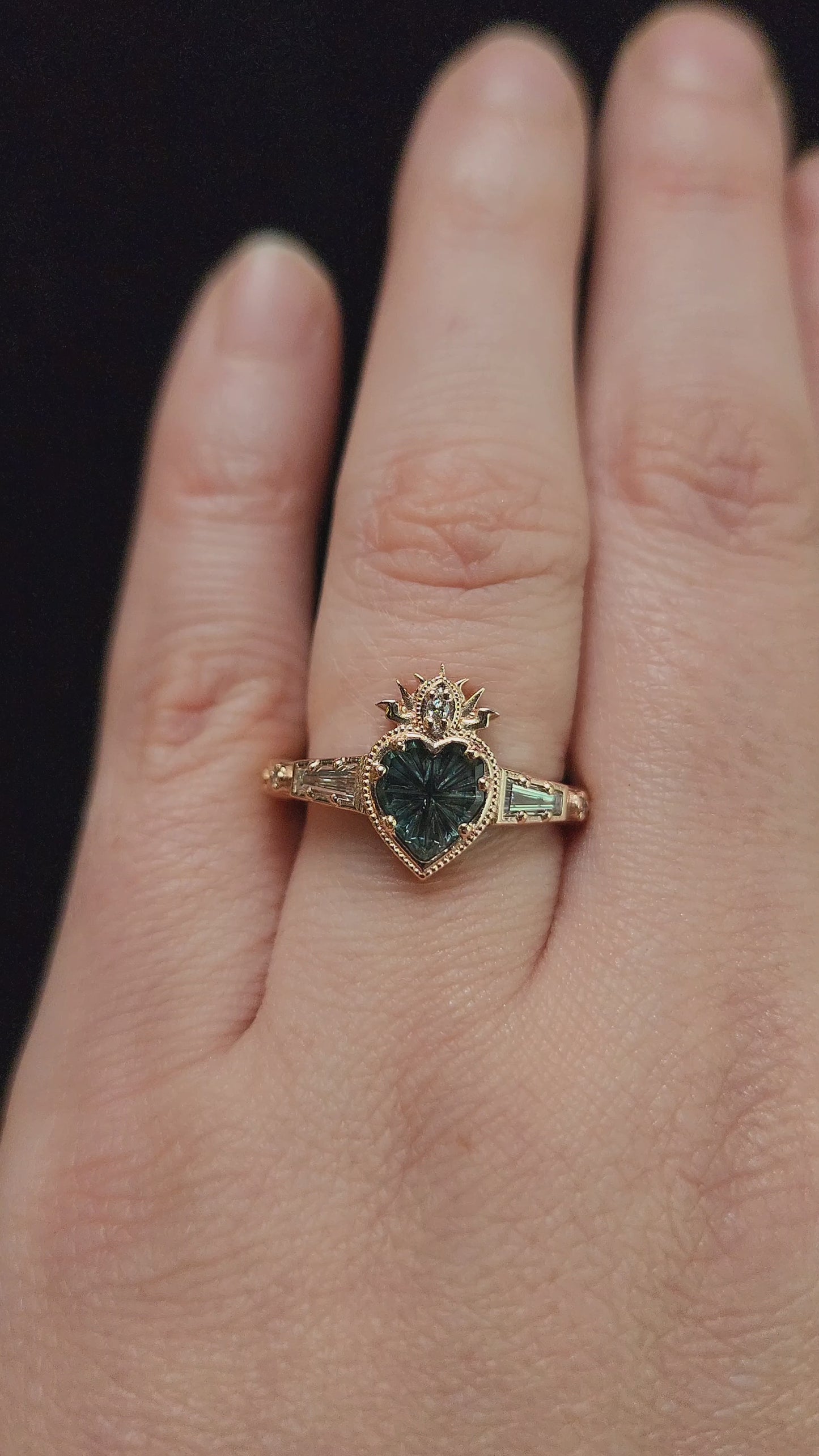 Load and play video in Gallery viewer, Cosmic Love Flaming Heart Ring with Blue Montana Sapphire in Rose Gold video
