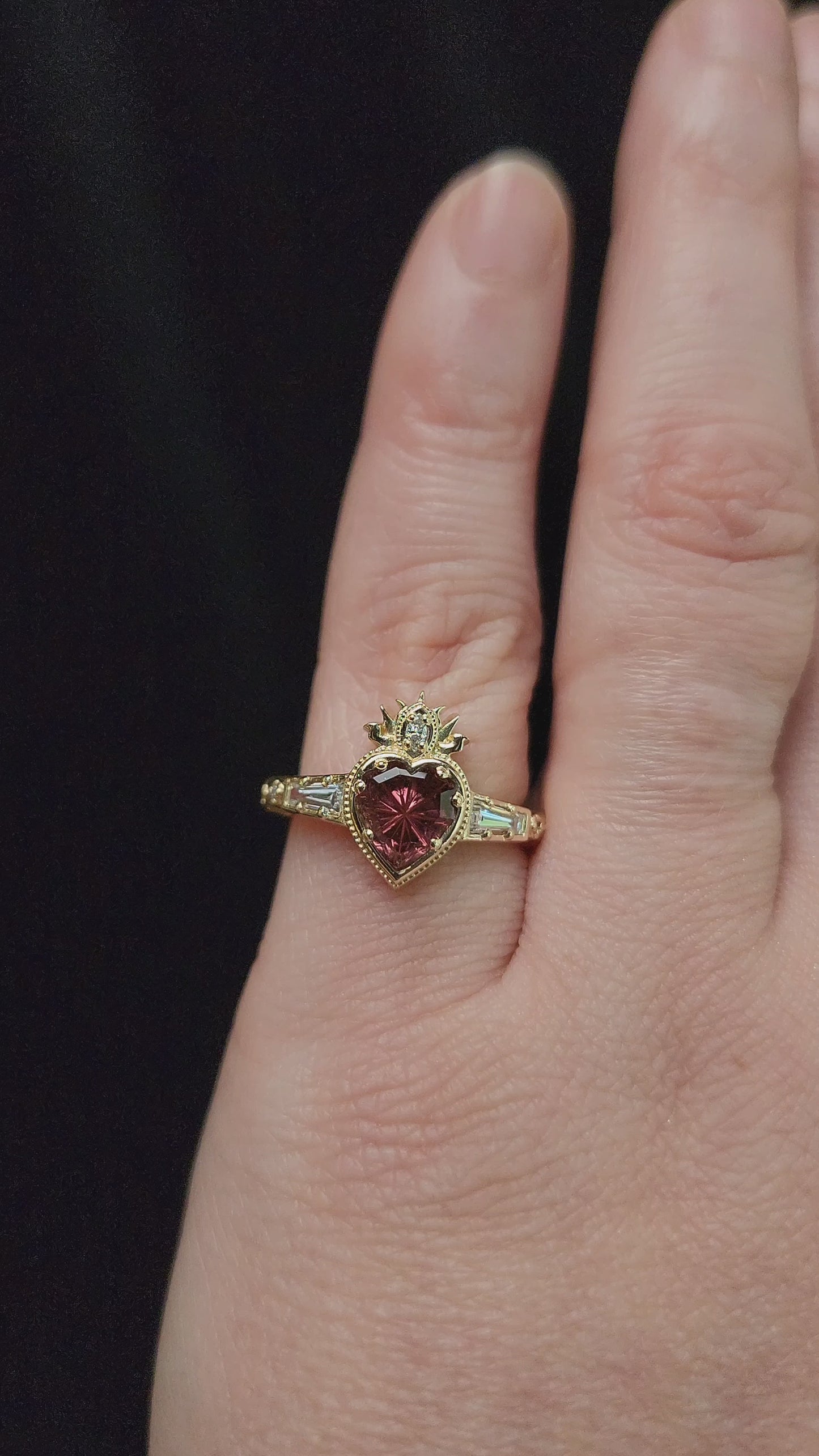 Load and play video in Gallery viewer, Cosmic Love Flaming Heart Ring with Pink Purple Tourmaline 14k Yellow Gold video
