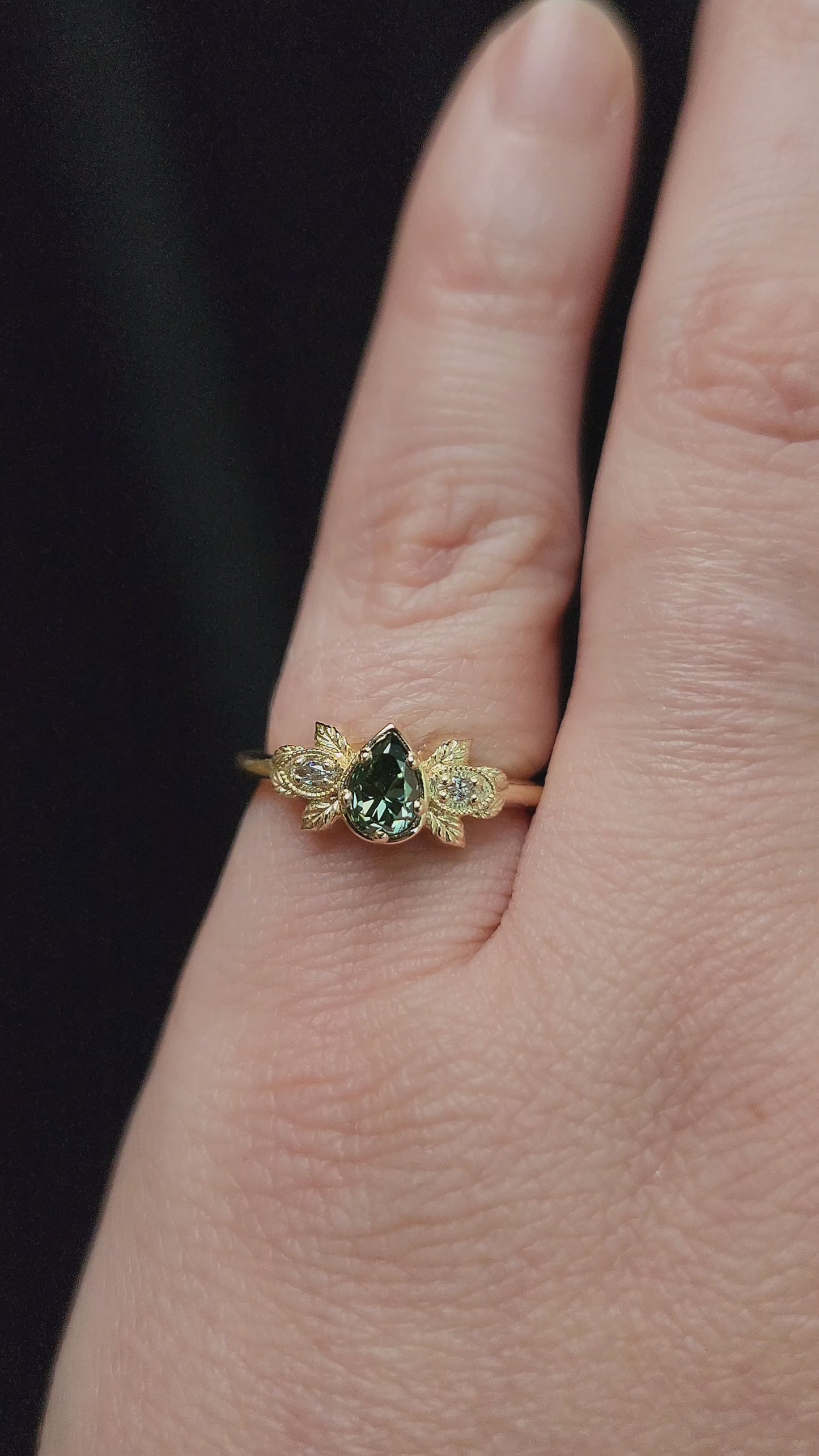Load and play video in Gallery viewer, Natural Irradiated Green Pear Diamond Leaf Ring in 14k Yellow Gold video
