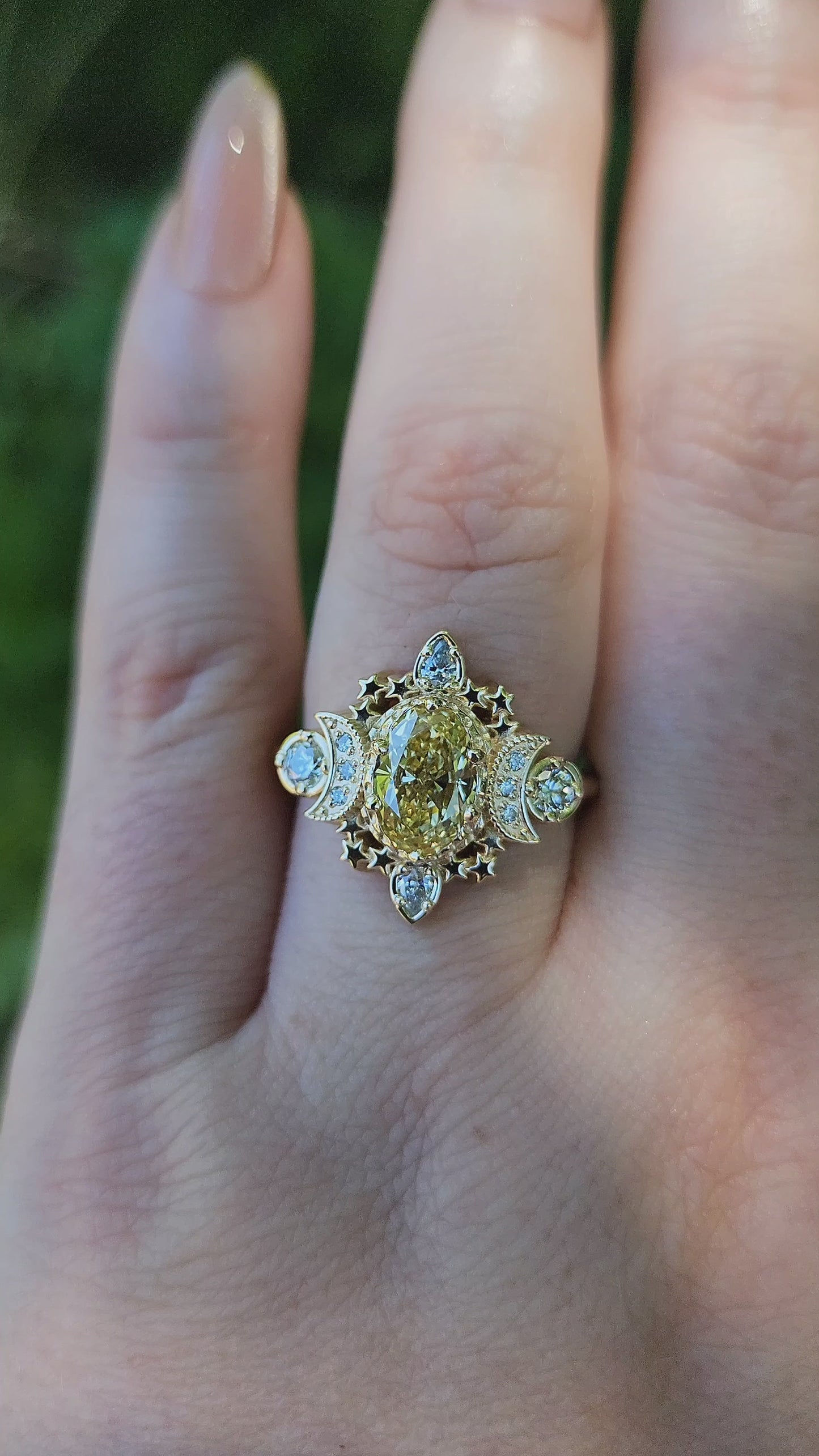Load and play video in Gallery viewer, Sparkling Cosmos Moon Engagement Ring with Oval Yellow Lab Diamonds video 
