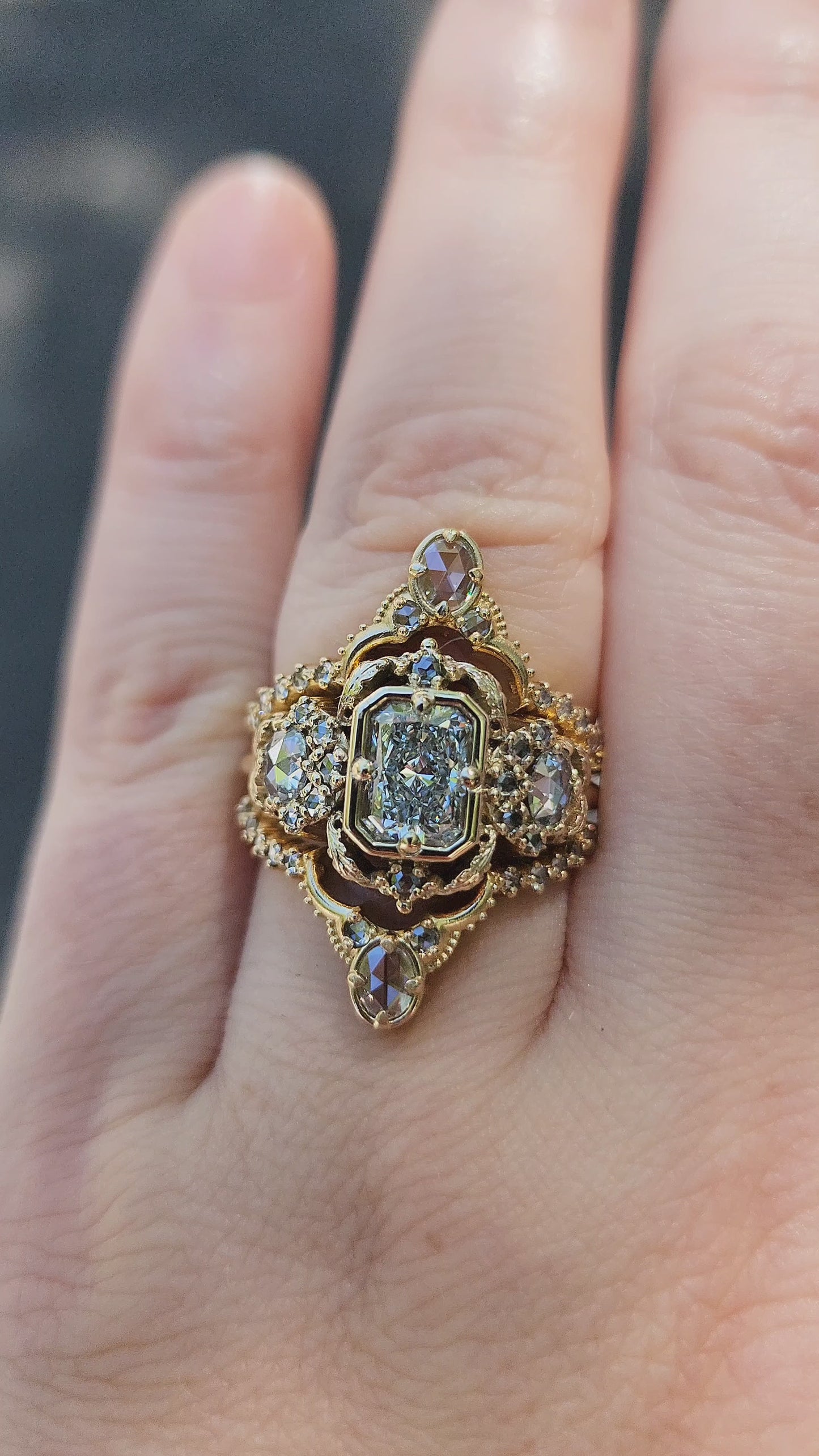 Load and play video in Gallery viewer, Radiant Diamond Goodnight Moon Ring with Rose Cut Diamonds and Fancy Gold Scrollwork video 2
