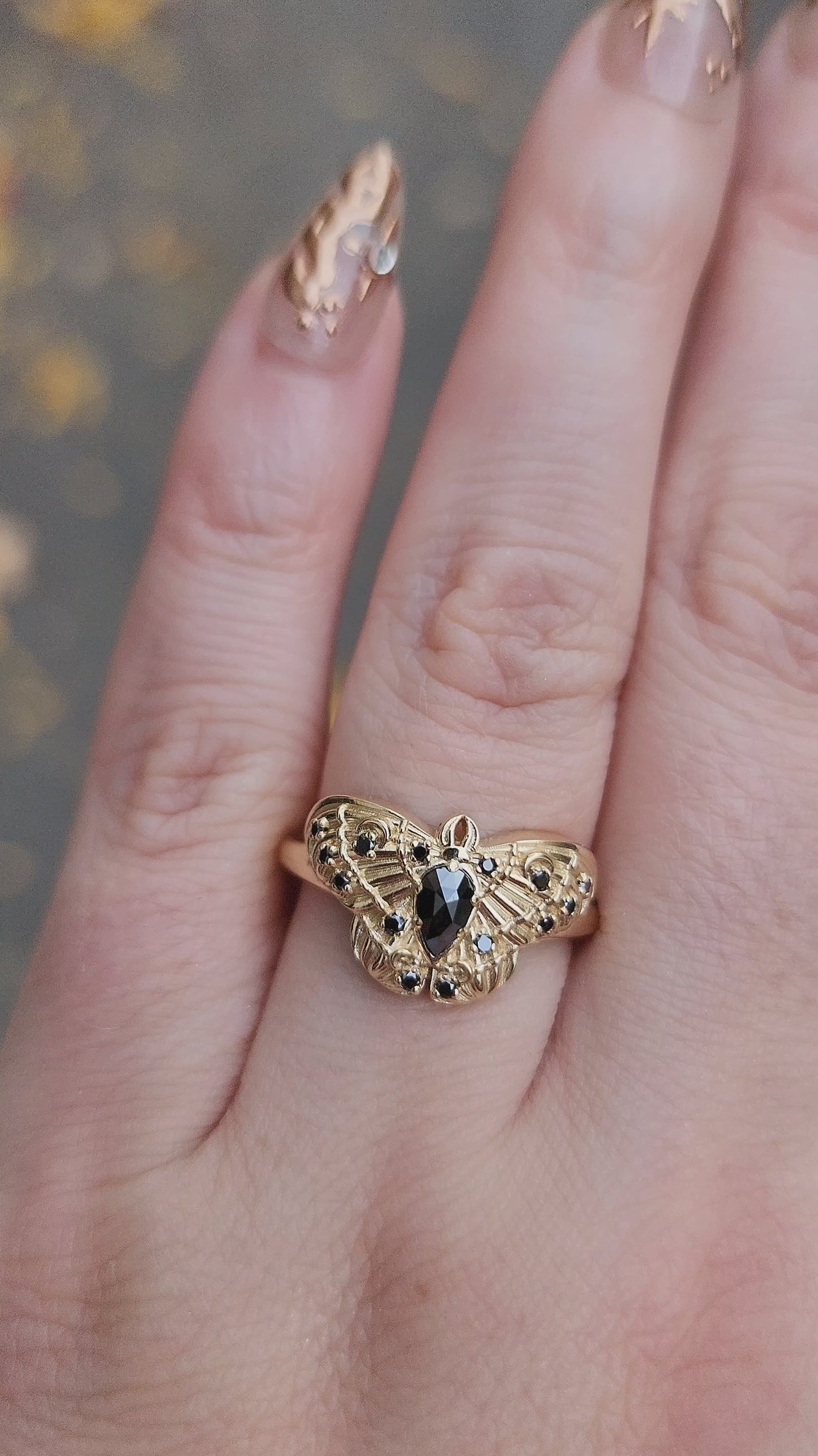 Load and play video in Gallery viewer, Cecropia Moth Ring with Black Diamonds - Goth Moth Drawlloween 14k Gold Bug Jewelry
