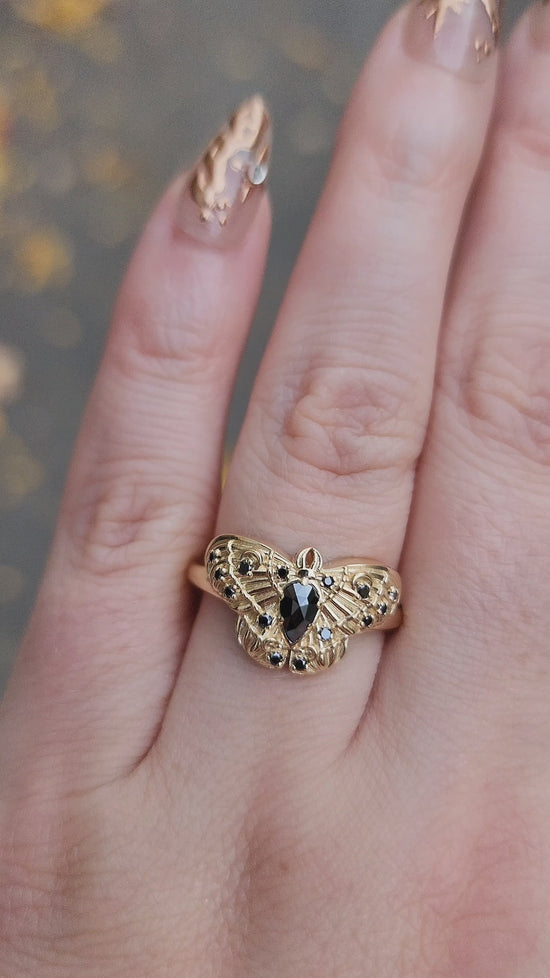 Load and play video in Gallery viewer, Cecropia Moth Ring with Black Diamonds - Goth Moth Drawlloween 14k Gold Bug Jewelry
