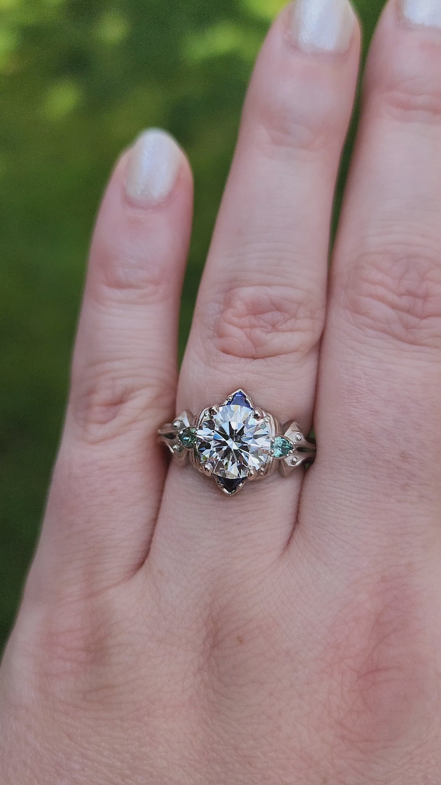 Load and play video in Gallery viewer, 2.47ct Diamond Luna Moth Engagement Ring with Lab Chrysoberyl &amp;amp; Sapphire Trillions - 14k Palladium White Gold video
