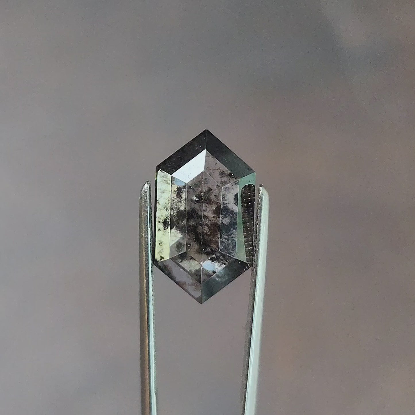 Load and play video in Gallery viewer, 3.88ct Salt and Pepper Lab Diamond Rose Cut Elongated Hexagon or Duchess Cut
