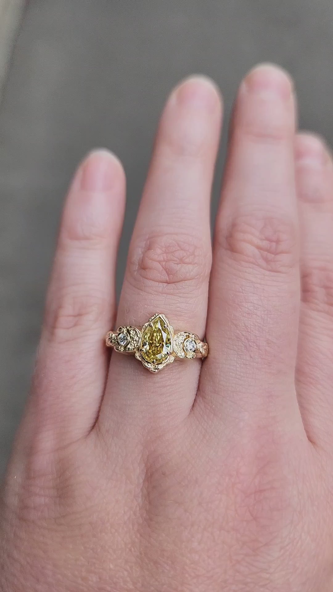 Load and play video in Gallery viewer, Leaf &amp;amp; Crescent Moon Ring with Yellow Moissanite Tear Drop and White Diamonds - Nature Inspired Engagement Ring
