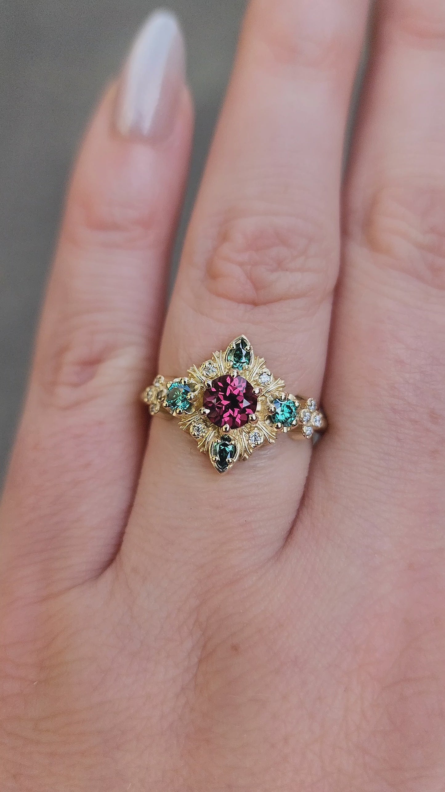 Load and play video in Gallery viewer, Thorn Haven Rhodolite Garnet Ring - Nature Inspired with Green Moissanite video
