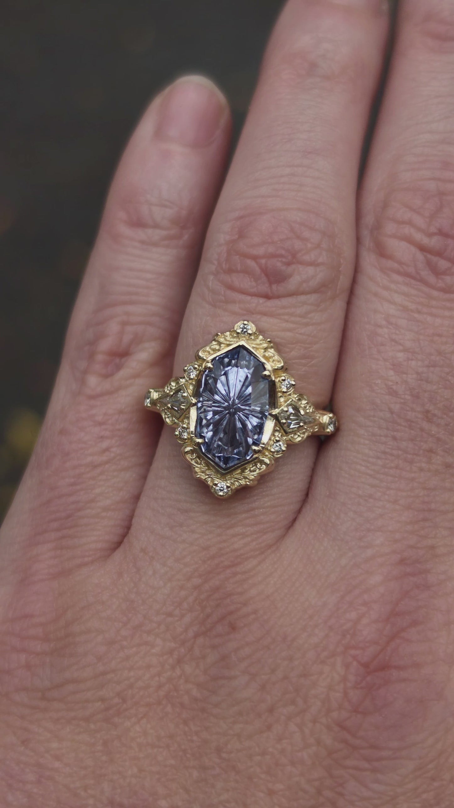 Load and play video in Gallery viewer, Ready to Ship Size 5-7 Fantasy Cut 3.10ct Blue Lab Sapphire Odessa with Kite Moissanite
