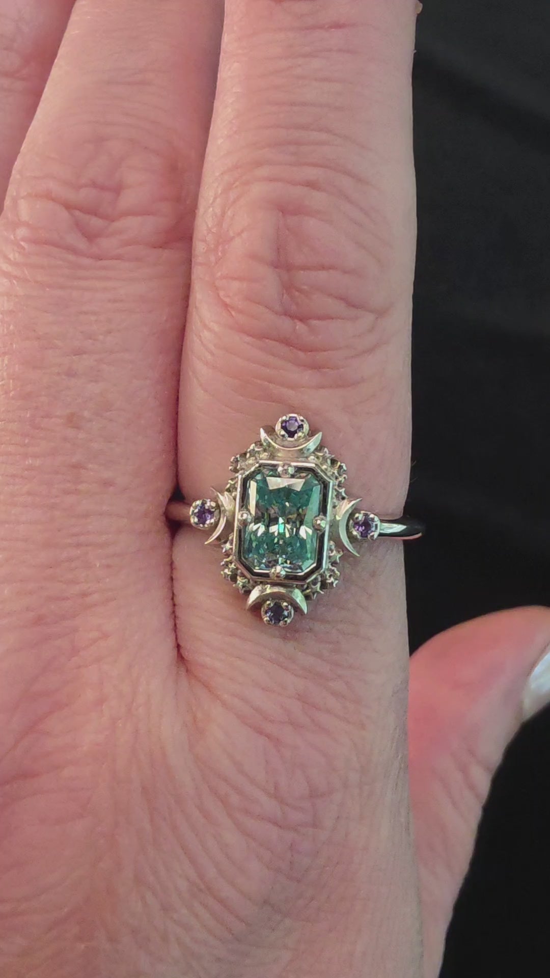 Load and play video in Gallery viewer, Ready to Ship Size 7-9 - Artemis Moon Ring with Seafoam Moissanite and Alexandrite
