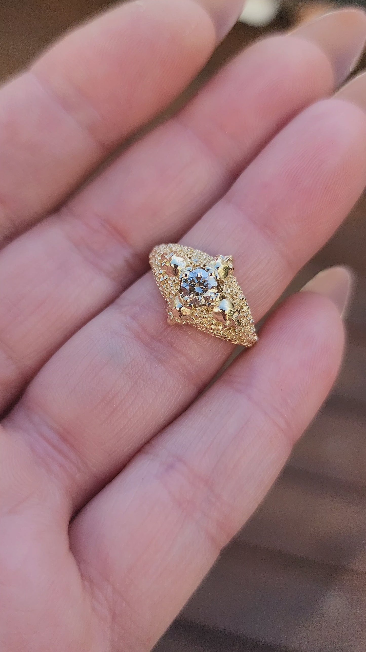 Load and play video in Gallery viewer, Catacomb 4 Skull Champagne Diamond Solitaire Gothic Engagement Ring 14k Yellow Gold video
