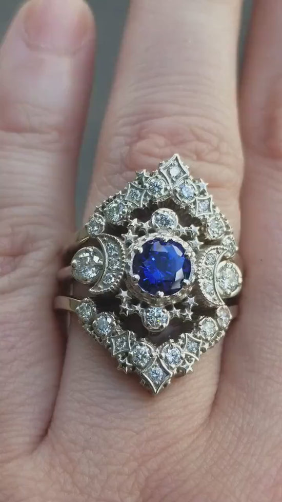 Load and play video in Gallery viewer, Cosmos Constellation Engagement Ring Set - Chatham Sapphire &amp;amp; Diamonds Celestial Wedding Set - 14k Gold
