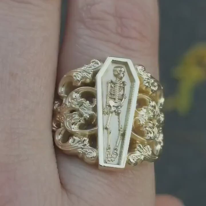 Load and play video in Gallery viewer, Memento Mori Ring with Baroque Gold Scrolls Skeleton Mourning Jewelry - Fine Gothic Jewelry
