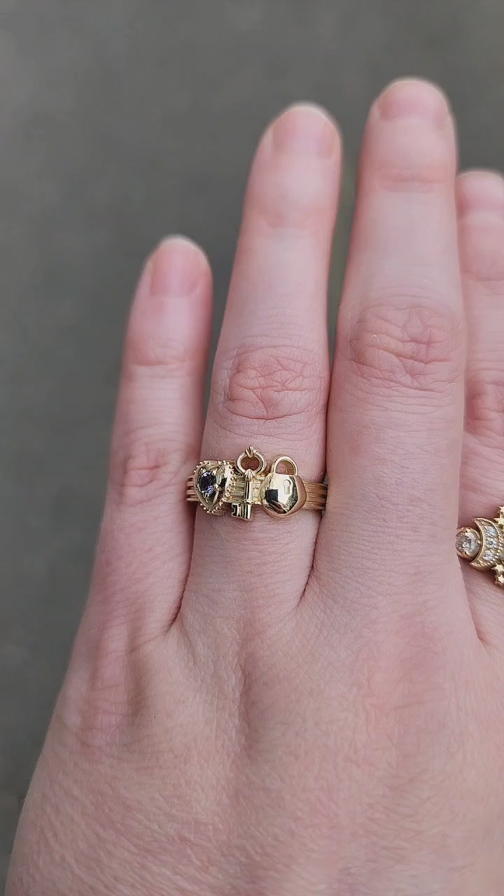 Load and play video in Gallery viewer, Antique Mine Cut Diamond Gold Lock and Key to My Heart Ring - Love Token Victorian Style Engagement Ring - 14k Yellow Gold, 14k Rose Gold or 14k Palladium White Gold
