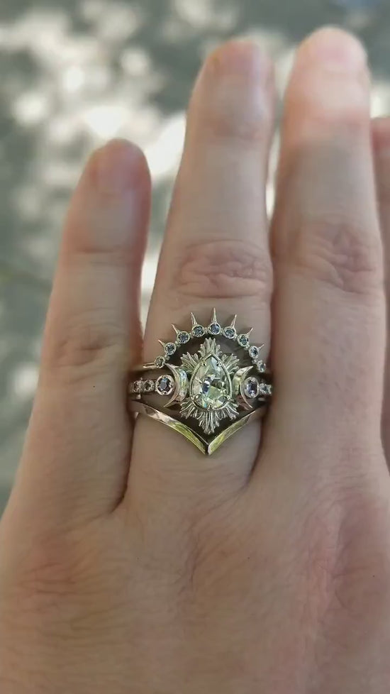 Load and play video in Gallery viewer, Pear Moissanite Moon Fire Engagement Ring - Diamonds and White Gold with Alexandrites Unique Celestial Wedding 3 Ring Set with Sunray Ring
