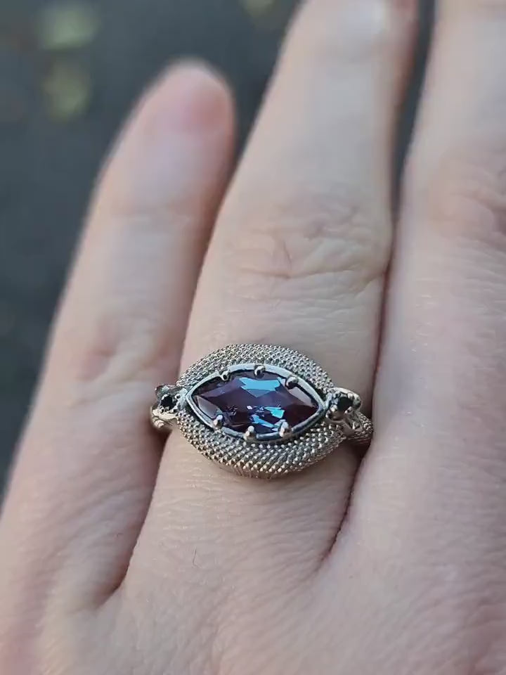 Load and play video in Gallery viewer, Double Trouble Alexandrite Marquise Snake Ring with Black Diamonds - Modern Gothic Victorian Engagement Ring - Color Change Gem
