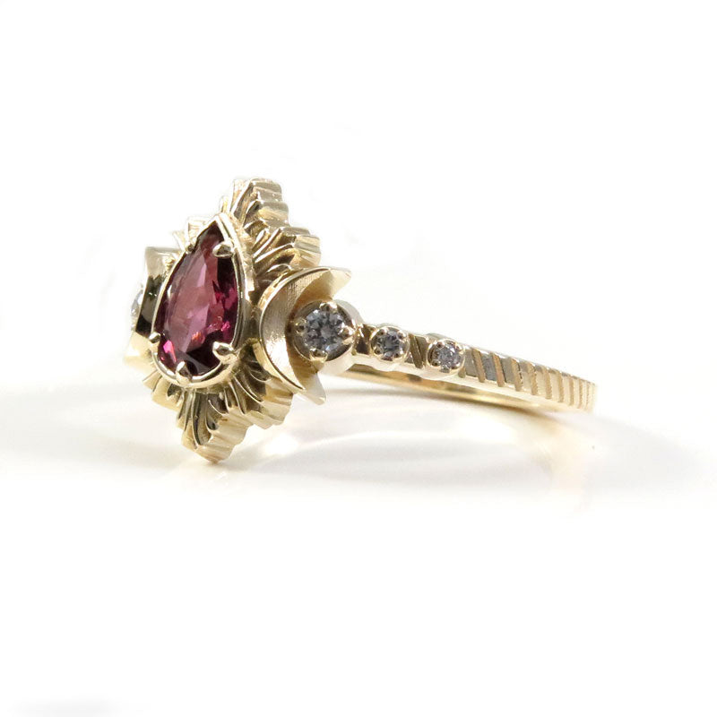 Pear Rhodolite Garnet Engagement Ring with Crescent Moons and Diamonds - Moon Fire Celestial 14k Yellow Gold Wedding Ring