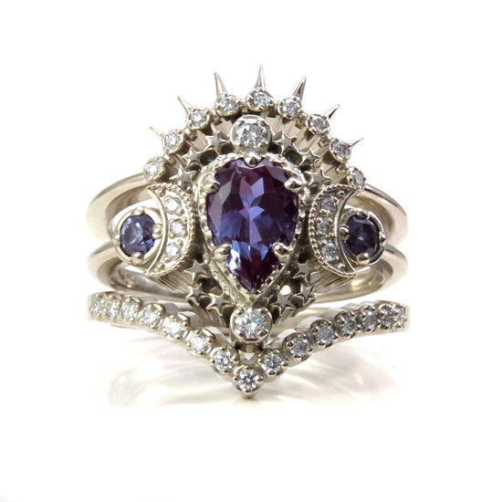 Load image into Gallery viewer, 3 Ring Engagement Ring Set Chatham Alexandrite Pear Cosmos with Sunray and Pave Diamond Wedding Band - 14k Palladium White Gold
