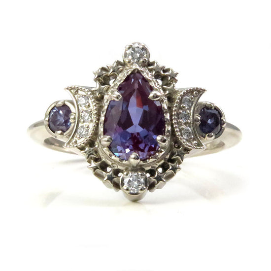 Load image into Gallery viewer, Pear Cosmos Moon Ring with Chatham Alexandrite and Diamonds - Star Engagement Ring
