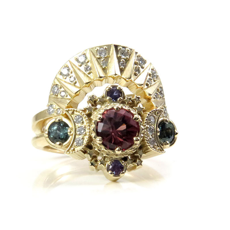 One of a Kind Imperial Garnet, Madagascar Sapphire and Chatham Alexandrite Cosmos with Diamond Sunrise Wedding Band - 14k Yellow Gold - Size 6 - 8
