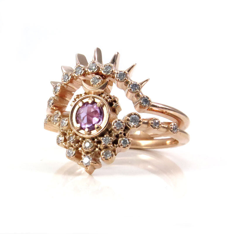 Ready to Ship Size 6-8 - Rose Cut Purple Sapphire Moon Witch Engagement Ring Set with Diamonds and Stardust - 14k Rose Gold - Celestial Lunar Wedding Ring Set