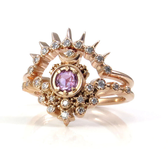 Rose Cut Purple Sapphire Moon Witch Engagement Ring Set with Diamonds
