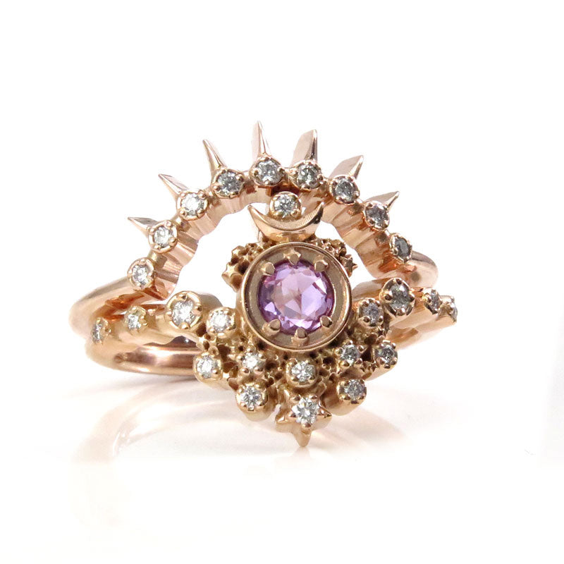 Rose Cut Purple Sapphire Moon Witch Engagement Ring Set with Diamonds and Stardust - 14k Rose Gold - Celestial Lunar Wedding Ring Set