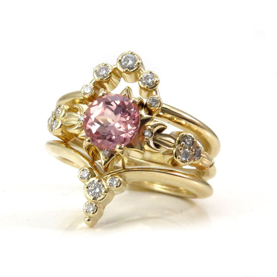 Ready to Ship Size 6-8 - Star Engagement Ring Set - Celestial Setting with Diamond Clouds and Crescent Moons - Modern Luna Gold Ring Peachy Pink Chatham Champagne Sapphire