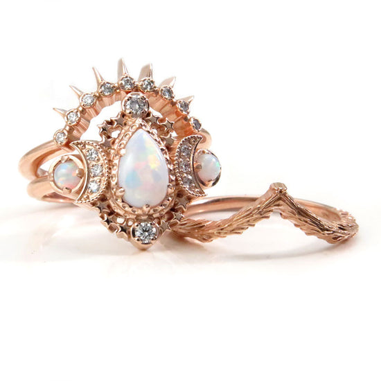 Load image into Gallery viewer, Opal Engagement Ring Set - Pear Cosmos Ring with Diamonds - Stars &amp;amp; Crescents Wedding Ring - Chatham Opals - Celestial Witchy Fine Jewelry
