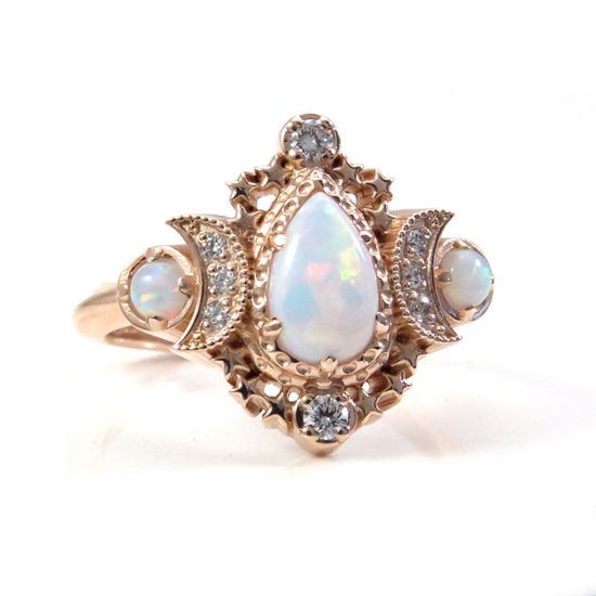 Load image into Gallery viewer, Pear Opal Cosmos Moon Ring with Diamonds - Star and Moon Engagement Ring - Chatham Opals - Celestial Wedding Fine Jewelry
