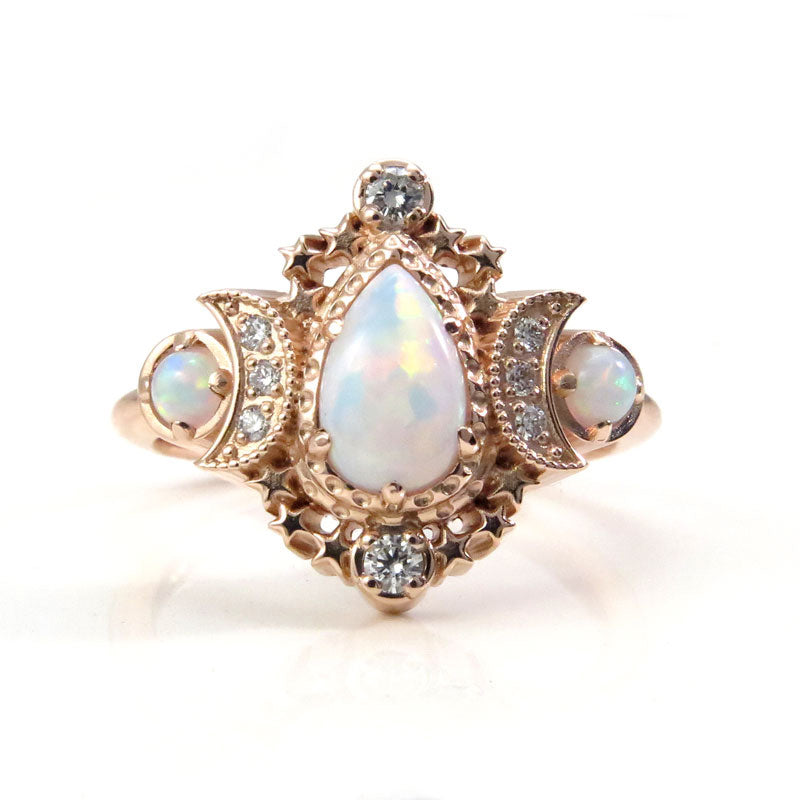Load image into Gallery viewer, Pear Opal Cosmos Moon Ring with Diamonds - Star and Moon Engagement Ring - Chatham Opals - Celestial Wedding Fine Jewelry
