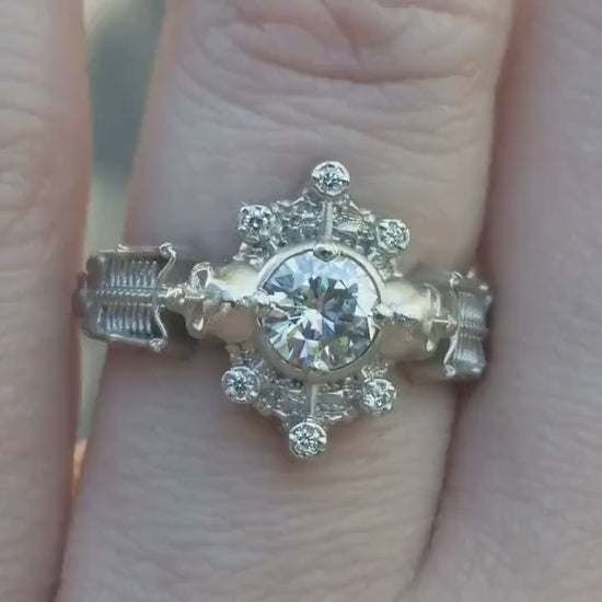 Load and play video in Gallery viewer, Skeleton Catacomb Ring with Moissanite &amp;amp; Diamond  Pebble Halo - 14k Palladium White Gold
