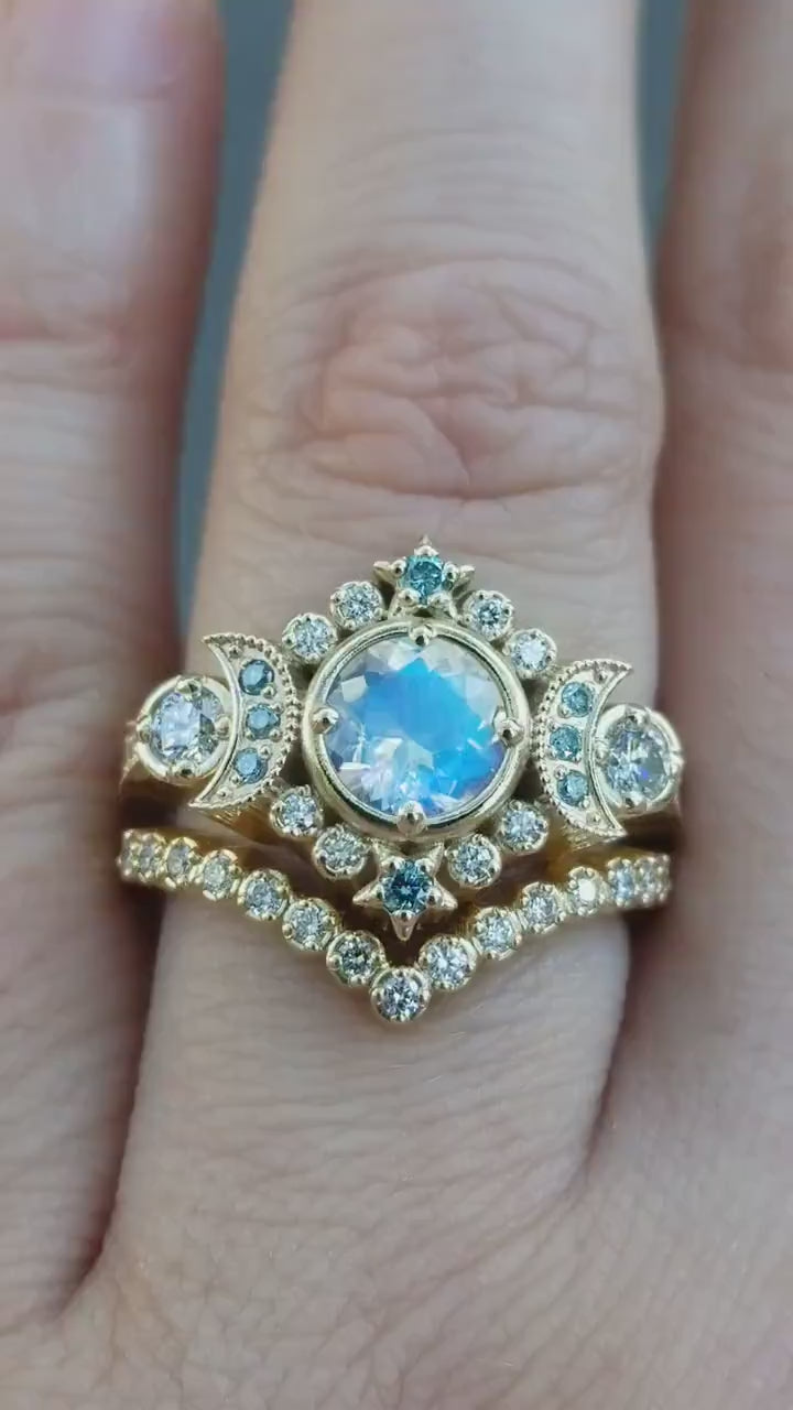 Load and play video in Gallery viewer, Selene Moon Goddess Ring Set - Moonstone with Blue and White Diamonds - 14k Yellow Gold Pave Diamond Chevron

