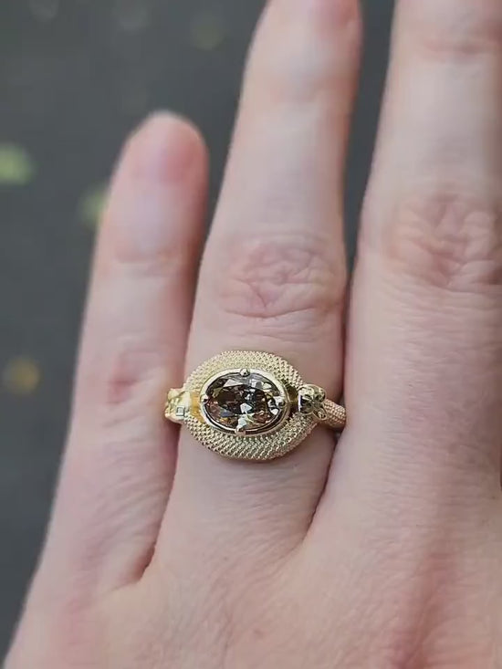 Load and play video in Gallery viewer, Double Snake Engagement Ring with Natural Oval Champage Diamond - 14k Gold - Unusual Diamond Ring Over 1 Carat Wedding Ring Anniversary Gift
