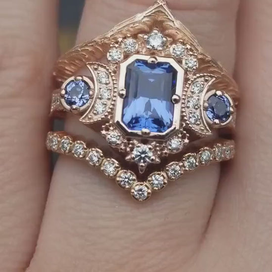Load and play video in Gallery viewer, Emerald Cut Chatham Sapphire Selene Crescent Moon Engagement Ring Set - Diamonds and Blue Chatham Sapphires - 14k Rose Gold
