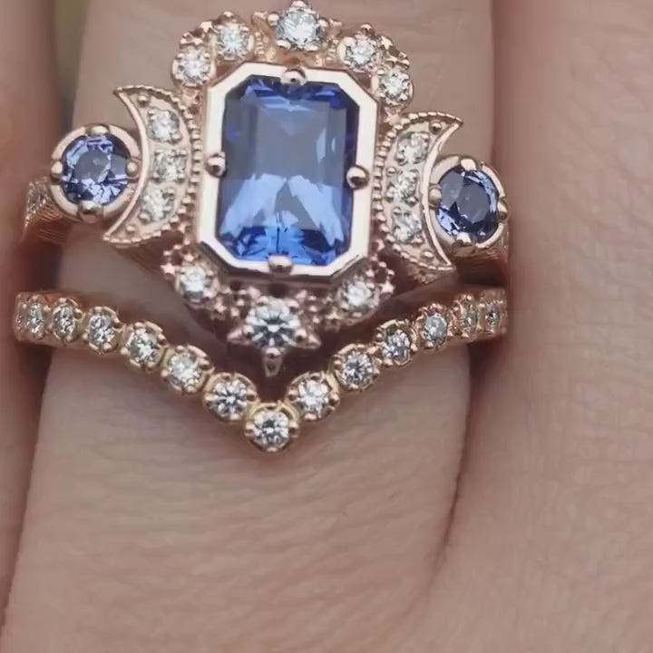 Load and play video in Gallery viewer, Chatham Sapphire Selene Celestial Engagement Ring Set - Diamonds and Emerald Cut Blue Chatham Sapphires - 14k Rose Gold
