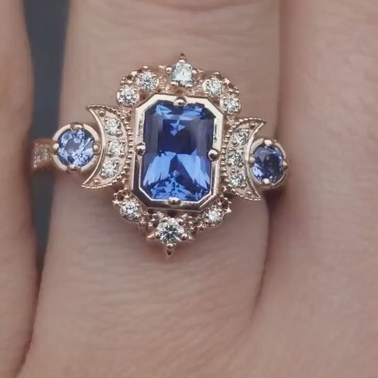 Load and play video in Gallery viewer, Chatham Sapphire Radiant Selene Triple Moon Engagement Ring - Diamonds and Radiant Cut Blue Chatham Sapphires - 14k Rose Gold
