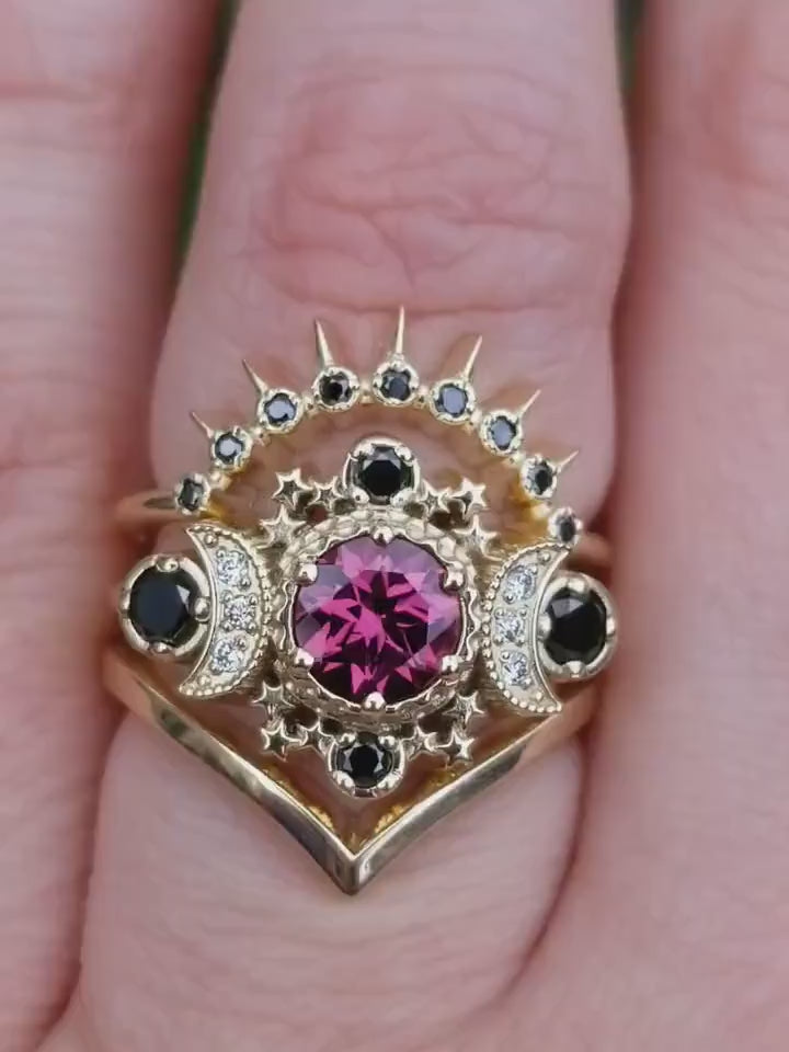 Load and play video in Gallery viewer, Cosmos Moon and Stars Engagement Ring 3 Ring Set with Rhodolite Garnet &amp;amp; Diamonds - Gothic Gold Wedding Set
