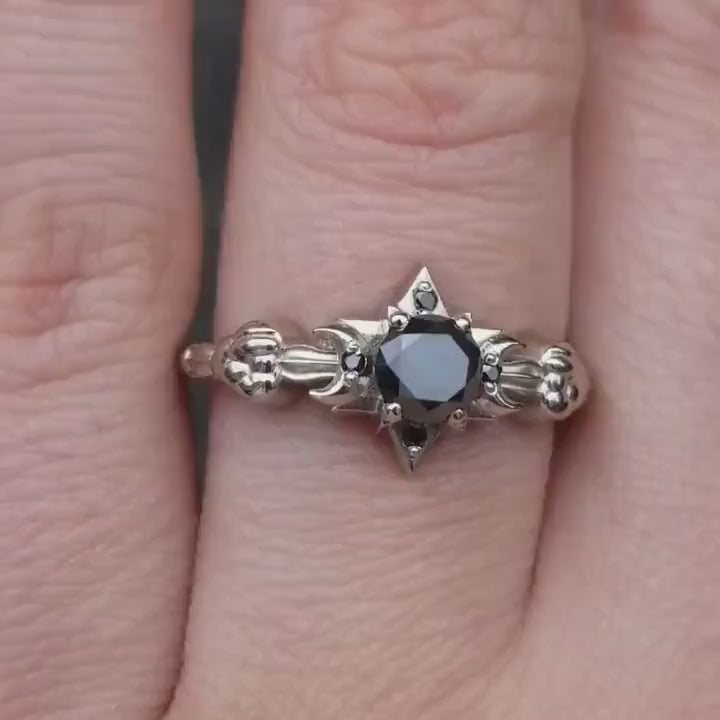 Load and play video in Gallery viewer, Celestial Black Diamond Engagement Ring - Moon, Star and Clouds - 14k Palladium White Gold Gothic Fine Jewelry
