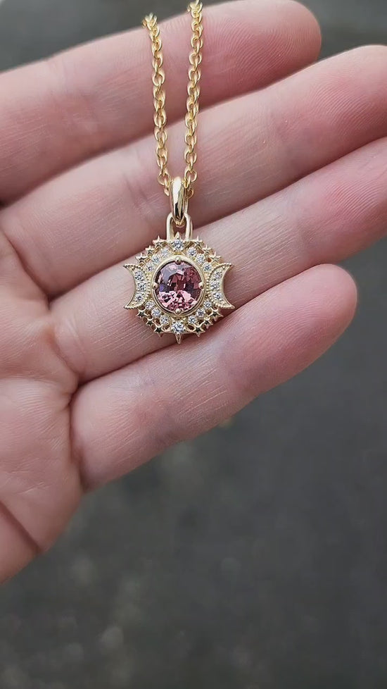 Load and play video in Gallery viewer, Ready to Ship - Serena Moon and Star Pendant with Pink Spinel &amp;amp; Diamonds - 14k Yellow Gold - Celestial Valentines Gift
