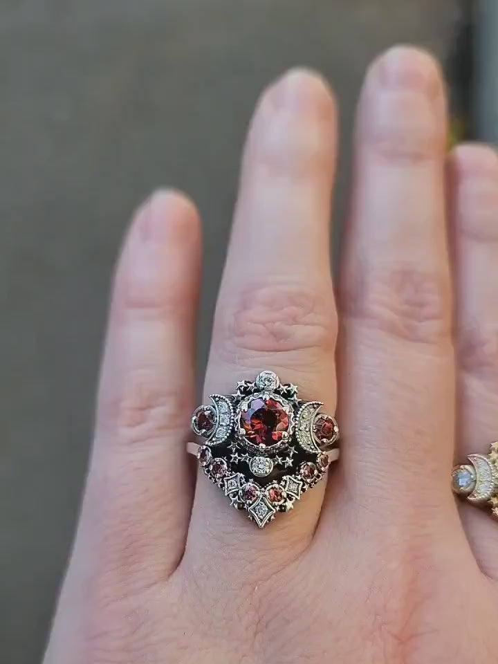 Load and play video in Gallery viewer, Almandine &amp;amp; Malaya Garnet Cosmos Moon and Star Ring - Sterling Silver with White Diamonds - Orange Sapphire and Diamond Stardust Chevron
