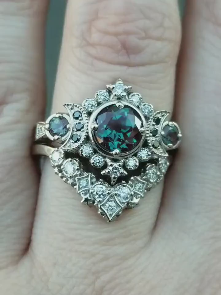 Load and play video in Gallery viewer, Selene Moon Goddess Ring Set - Alexandrite with Black and White Diamonds and Diamond Stardust Wedding Band - 14k Palladium White Gold
