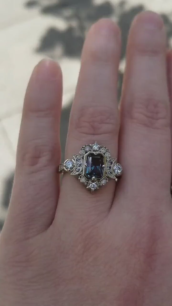 Load and play video in Gallery viewer, Radiant Alexandrite Selene Moon Engagement Ring - Diamonds and Chatham Alexandrite - 14k Palladium White Gold
