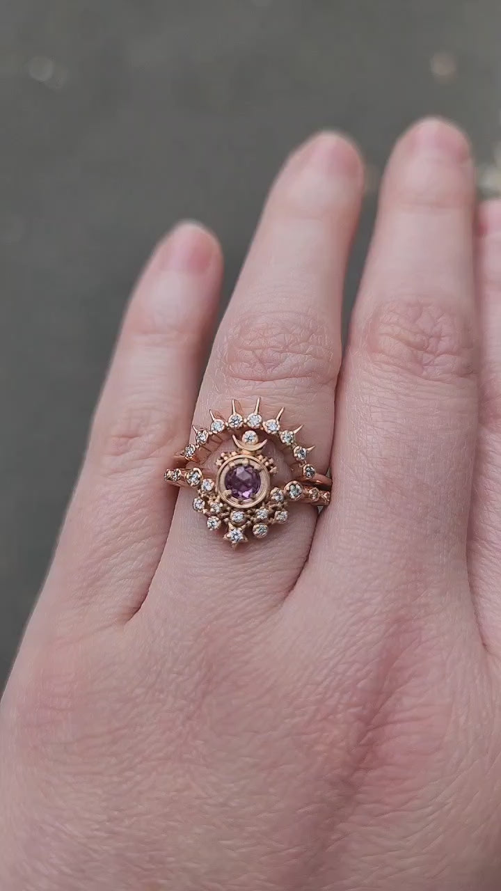Load and play video in Gallery viewer, Rose Cut Purple Sapphire Moon Witch Engagement Ring Set with Diamonds and Stardust - 14k Rose Gold - Celestial Lunar Wedding Ring Set
