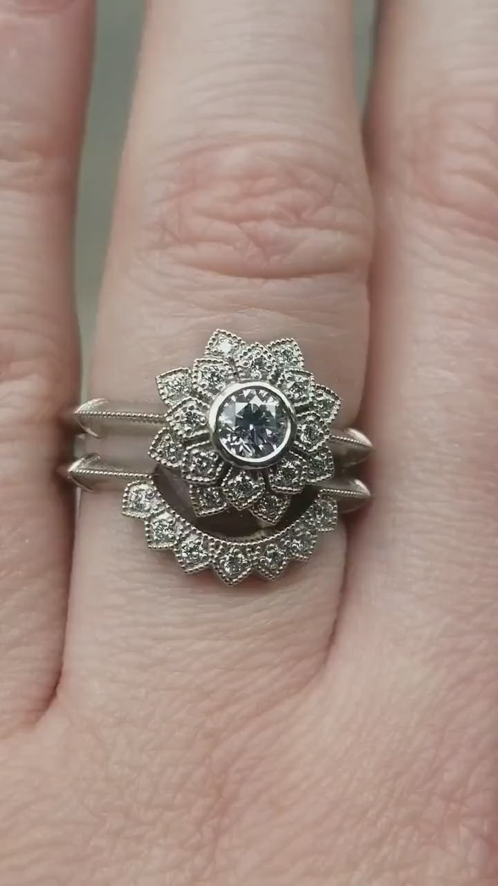 Load and play video in Gallery viewer, Art Deco Double Petal Halo Engagement Ring with Moissanite and Diamonds with Diamond Curved Wedding Band

