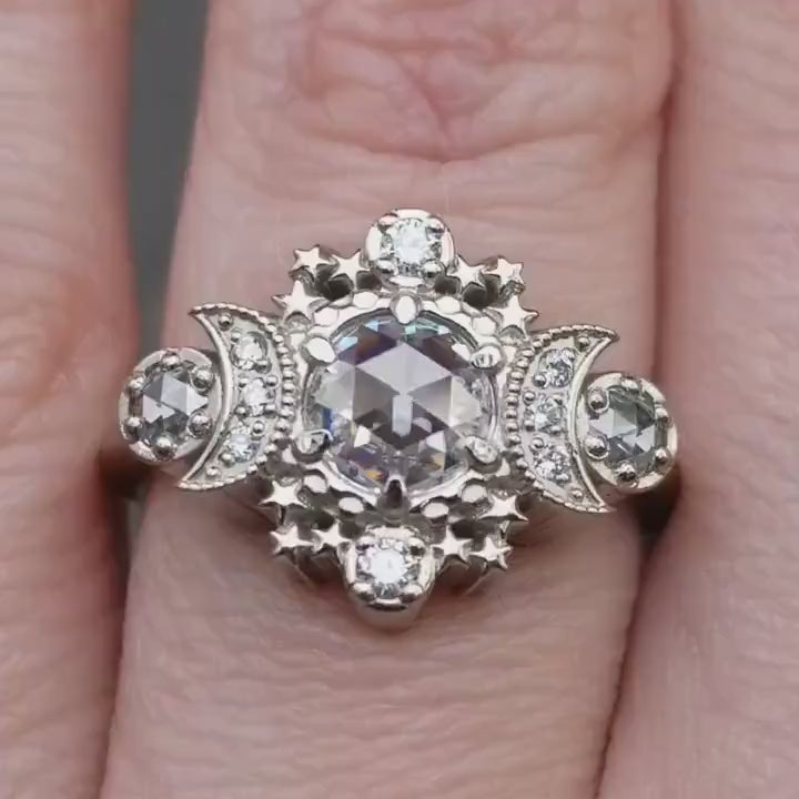 Load and play video in Gallery viewer, ALL Moissanite Cosmos Engagement Ring - Diamond Alternative - Ethically Sourced Celestial Moon Ring

