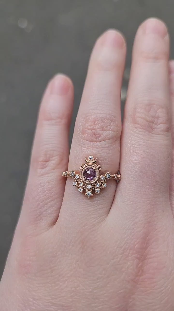 Load and play video in Gallery viewer, Rose Cut Purple Sapphire Moon Witch Engagement Ring with Diamonds and Stardust - 14k Rose Gold

