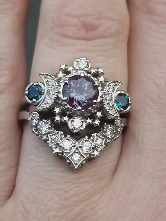 Load and play video in Gallery viewer, Engagement Ring Set Chatham Alexandrite &amp;amp; London Blue Topaz Celestial Triple Moon Ceremonial Ring - 14k Palladium Gold - Cosmic Jewelry
