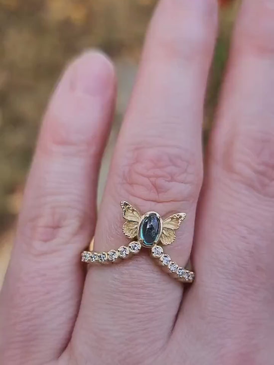 Load and play video in Gallery viewer, Ready to Ship Size 6 - 8 - Sugar Baby Butterfly Diamond Chevron Ring - Natural Tourmaline Cabochon- 14k Yellow Gold - Blue Butterfly Wing
